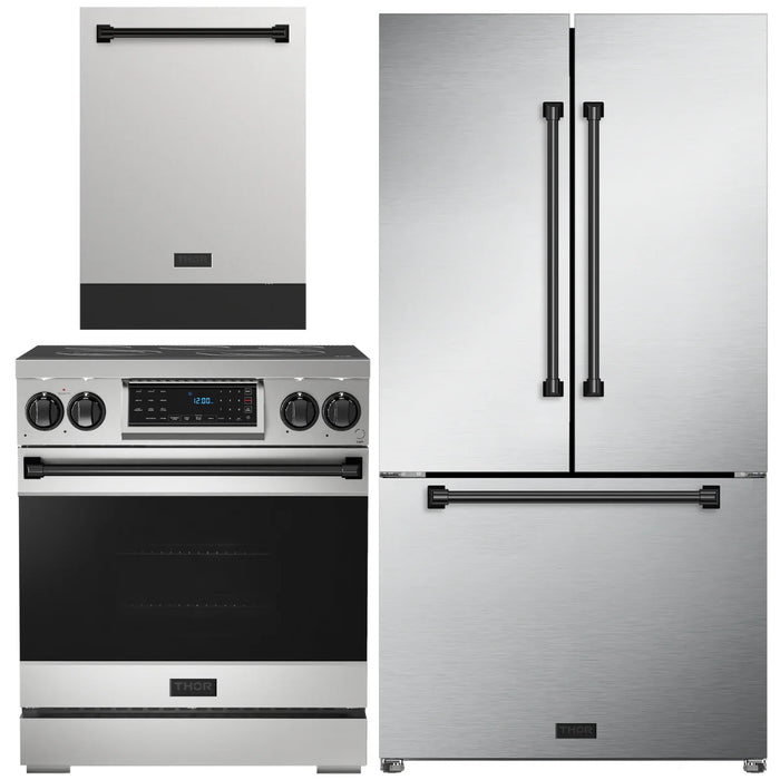 Gordon Ramsay by THOR Kitchen Package - 30" Electric Range, 36" Refrigerator with Ice Maker and Dishwasher in Stainless Steel with Black Accents, AP-RSE30-BLK-2