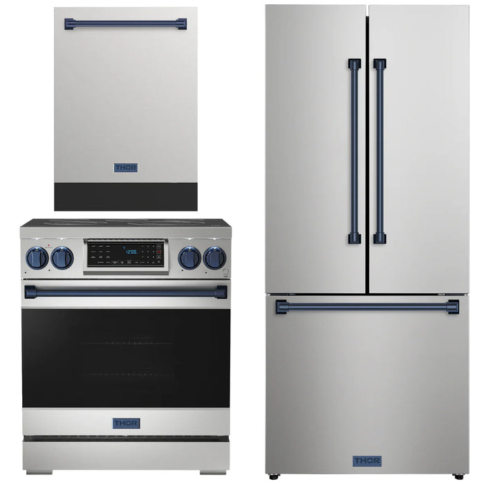 Gordon Ramsay by THOR Kitchen Package - 30" Electric Range, 30" Refrigerator with Ice Maker and Dishwasher in Stainless Steel with Navy Blue Accents, AP-RSE30-BLU-1