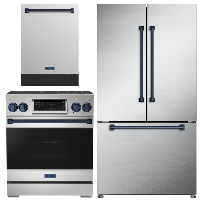 Gordon Ramsay by THOR Kitchen Package - 30" Electric Range, 36" Refrigerator with Ice Maker and Dishwasher in Stainless Steel with Navy Blue Accents, AP-RSE30-BLU-2