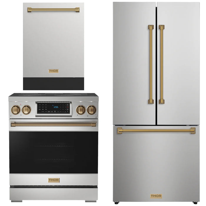Gordon Ramsay by THOR Kitchen Package - 30" Electric Range, 30" Refrigerator with Ice Maker and Dishwasher in Stainless Steel with Bronze Accents, AP-RSE30-BRZ-1