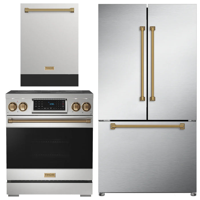 Gordon Ramsay by THOR Kitchen Package - 30" Electric Range, 36" Refrigerator with Ice Maker and Dishwasher in Stainless Steel with Bronze Accents, AP-RSE30-BRZ-2