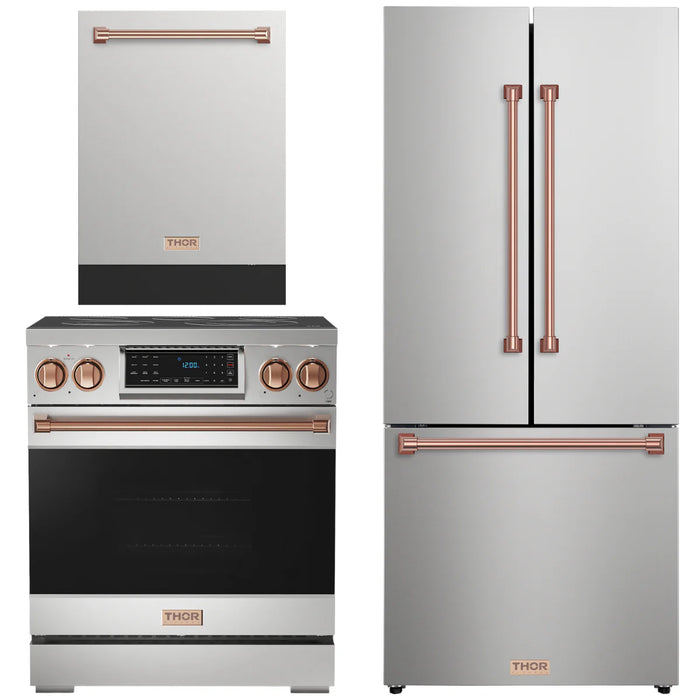 Gordon Ramsay by THOR Kitchen Package - 30" Electric Range, 30" Refrigerator with Ice Maker and Dishwasher in Stainless Steel with Rose Gold Accents, AP-RSE30-RSG-1