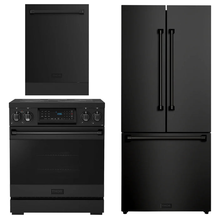 Gordon Ramsay by THOR Kitchen Package - 30" Electric Range, 30" Refrigerator with Ice Maker and Dishwasher in Black Matte with Black Accents, AP-RSE30B-1