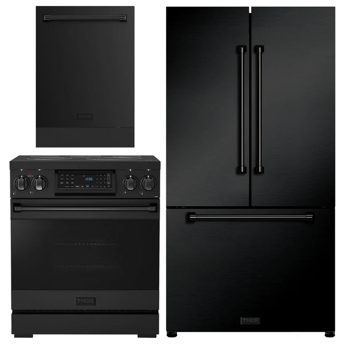 Gordon Ramsay by THOR Kitchen Package - 30" Electric Range, 36" Refrigerator with Ice Maker and Dishwasher in Black Matte with Black Accents, AP-RSE30B-2