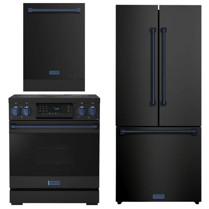 Gordon Ramsay by THOR Kitchen Package - 30" Electric Range, 30" Refrigerator with Ice Maker and Dishwasher in Black Matte with Navy Blue Accents, AP-RSE30B-BLU-1