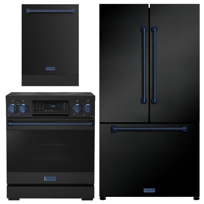 Gordon Ramsay by THOR Kitchen Package - 30" Electric Range, 36" Refrigerator with Ice Maker and Dishwasher in Black Matte with Navy Blue Accents, AP-RSE30B-BLU-2