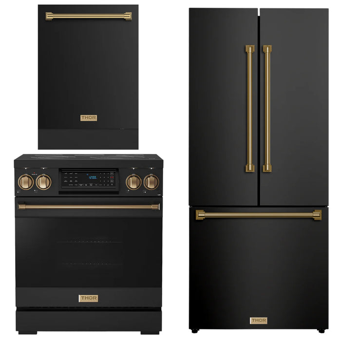 Gordon Ramsay by THOR Kitchen Package - 30" Electric Range, 30" Refrigerator with Ice Maker and Dishwasher in Black Matte with Bronze Accents, AP-RSE30B-BRZ-1
