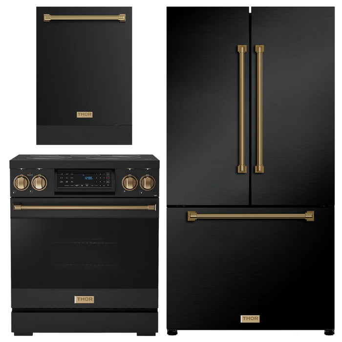 Gordon Ramsay by THOR Kitchen Package - 30" Electric Range, 36" Refrigerator with Ice Maker and Dishwasher in Black Matte with Bronze Accents, AP-RSE30B-BRZ-2