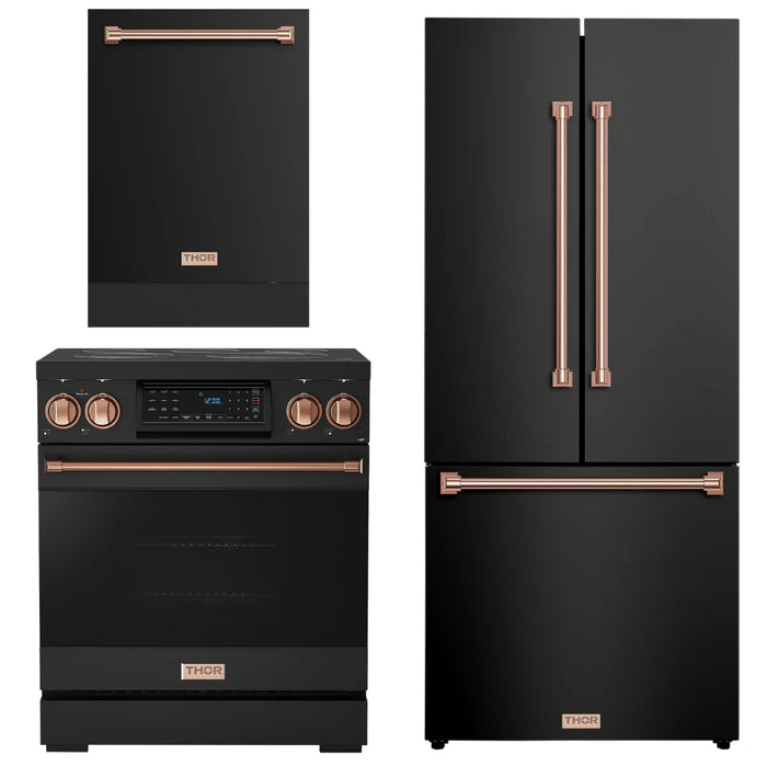 Gordon Ramsay by THOR Kitchen Package - 30" Electric Range, 30" Refrigerator with Ice Maker and Dishwasher in Black Matte with Rose Gold Accents, AP-RSE30B-RSG-1