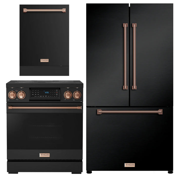 Gordon Ramsay by THOR Kitchen Package - 30" Electric Range, 36" Refrigerator with Ice Maker and Dishwasher in Black Matte with Rose Gold Accents, AP-RSE30B-RSG-2