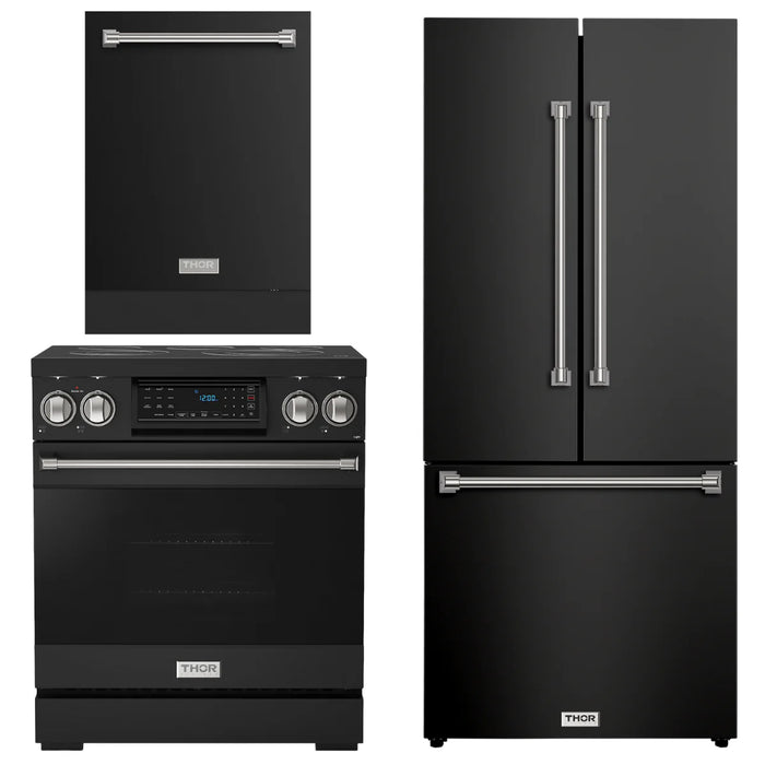 Gordon Ramsay by THOR Kitchen Package - 30" Electric Range, 30" Refrigerator with Ice Maker and Dishwasher in Black Matte with Stainless Steel Accents, AP-RSE30B-SS-1