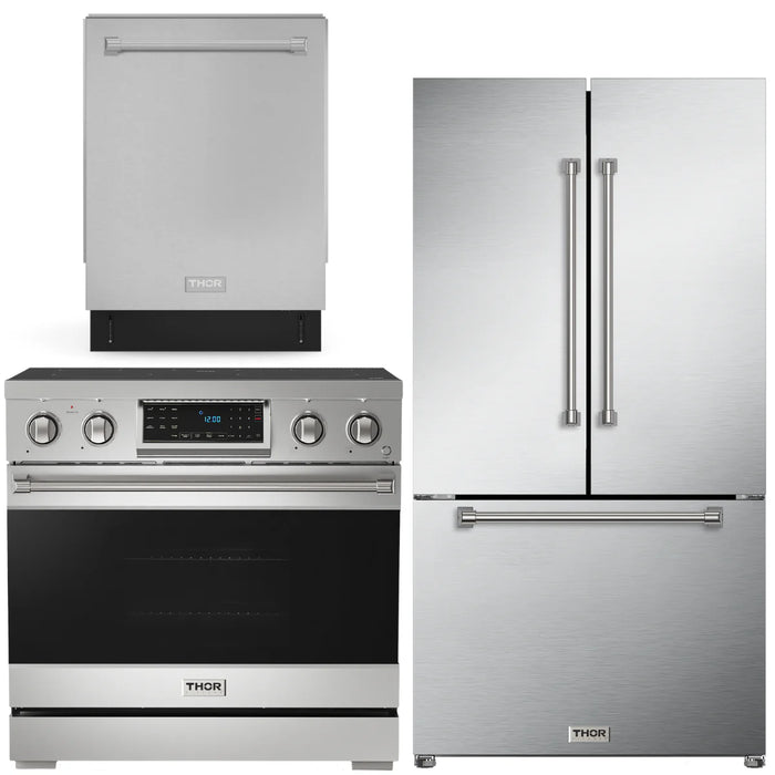 Gordon Ramsay by THOR Kitchen Package - 36" Electric Range, 36" Refrigerator with Ice Maker and Dishwasher in Stainless Steel, AP-RSE36-2