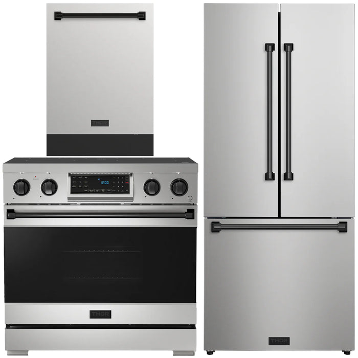 Gordon Ramsay by THOR Kitchen Package - 36" Electric Range, 30" Refrigerator with Ice Maker and Dishwasher in Stainless Steel with Black Accents, AP-RSE36-BLK-1