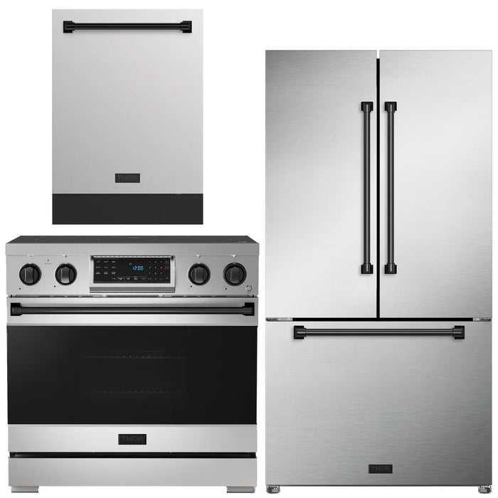 Gordon Ramsay by THOR Kitchen Package - 36" Electric Range, 36" Refrigerator with Ice Maker and Dishwasher in Stainless Steel with Black Accents, AP-RSE36-BLK-2
