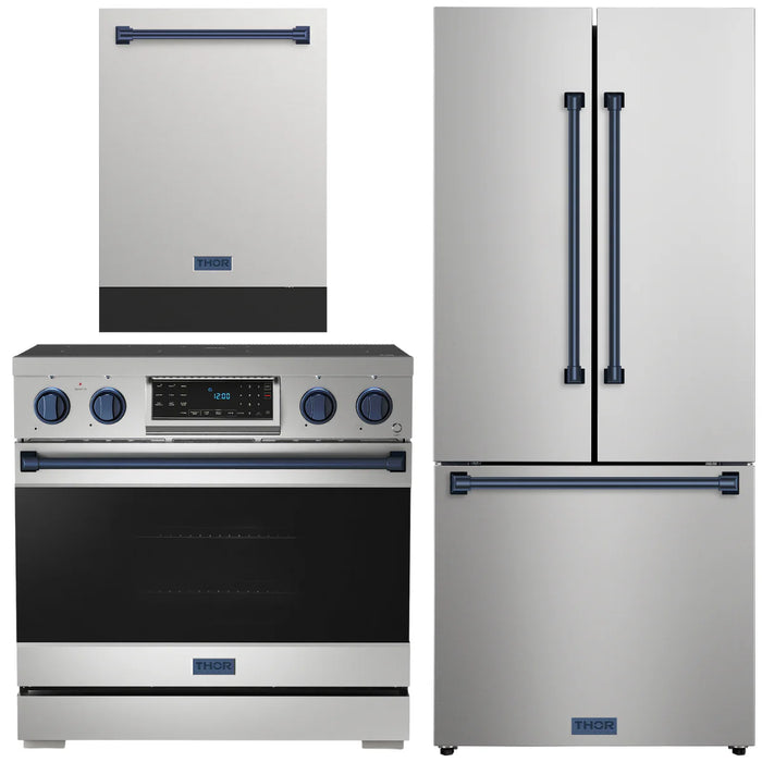 Gordon Ramsay by THOR Kitchen Package - 36" Electric Range, 30" Refrigerator with Ice Maker and Dishwasher in Stainless Steel with Navy Blue Accents, AP-RSE36-BLU-1