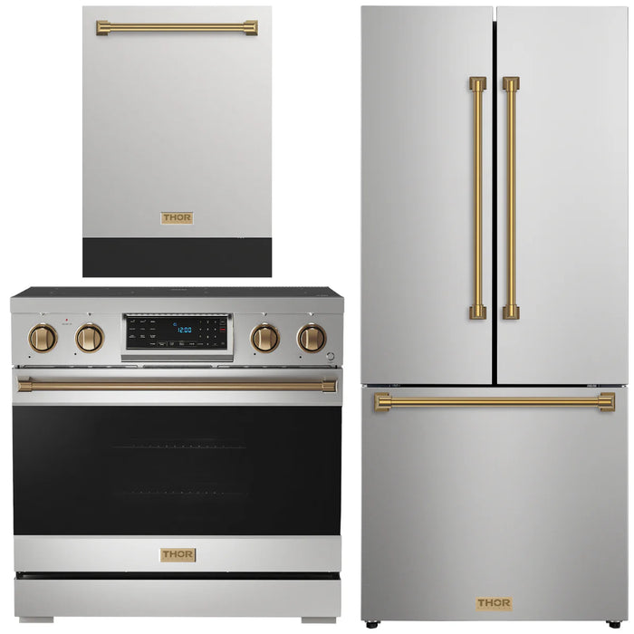 Gordon Ramsay by THOR Kitchen Package - 36" Electric Range, 30" Refrigerator with Ice Maker and Dishwasher in Stainless Steel with Bronze Accents, AP-RSE36-BRZ-1
