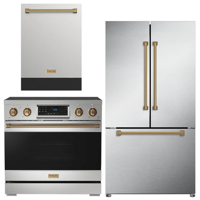 Gordon Ramsay by THOR Kitchen Package - 36" Electric Range, 36" Refrigerator with Ice Maker and Dishwasher in Stainless Steel with Bronze Accents, AP-RSE36-BRZ-2