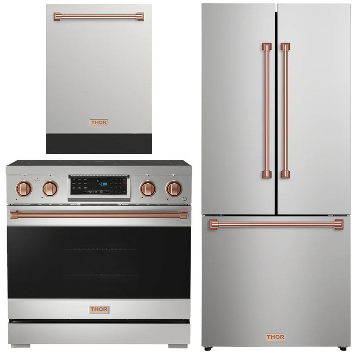 Gordon Ramsay by THOR Kitchen Package - 36" Electric Range, 30" Refrigerator with Ice Maker and Dishwasher in Stainless Steel with Rose Gold Accents, AP-RSE36-RSG-1