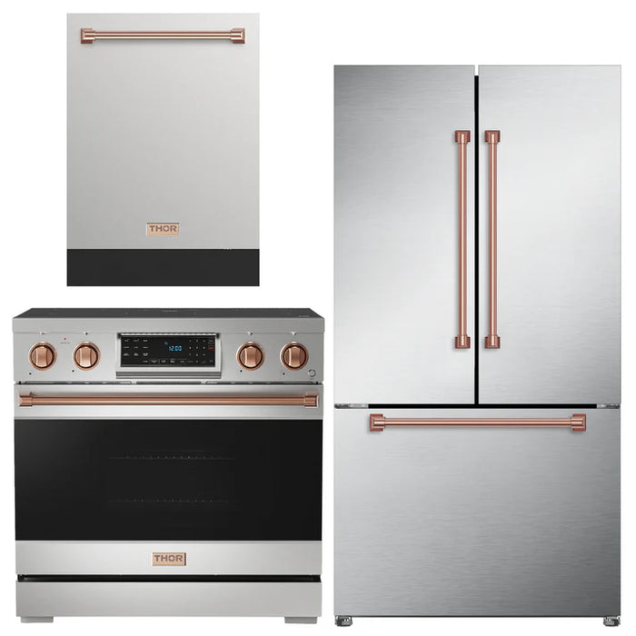 Gordon Ramsay by THOR Kitchen Package - 36" Electric Range, 36" Refrigerator with Ice Maker and Dishwasher in Stainless Steel with Rose Gold Accents, AP-RSE36-RSG-2