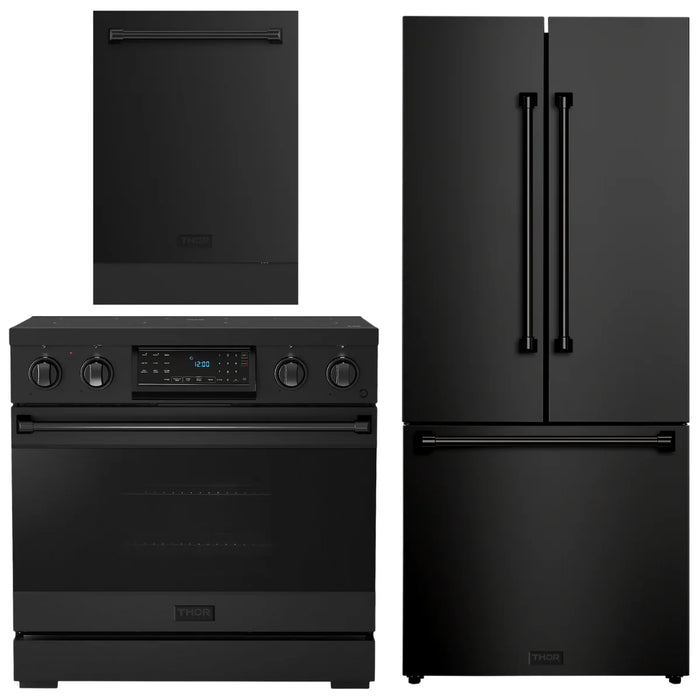 Gordon Ramsay by THOR Kitchen Package - 36" Electric Range, 30" Refrigerator with Ice Maker and Dishwasher in Black Matte with Black Accents, AP-RSE36B-1