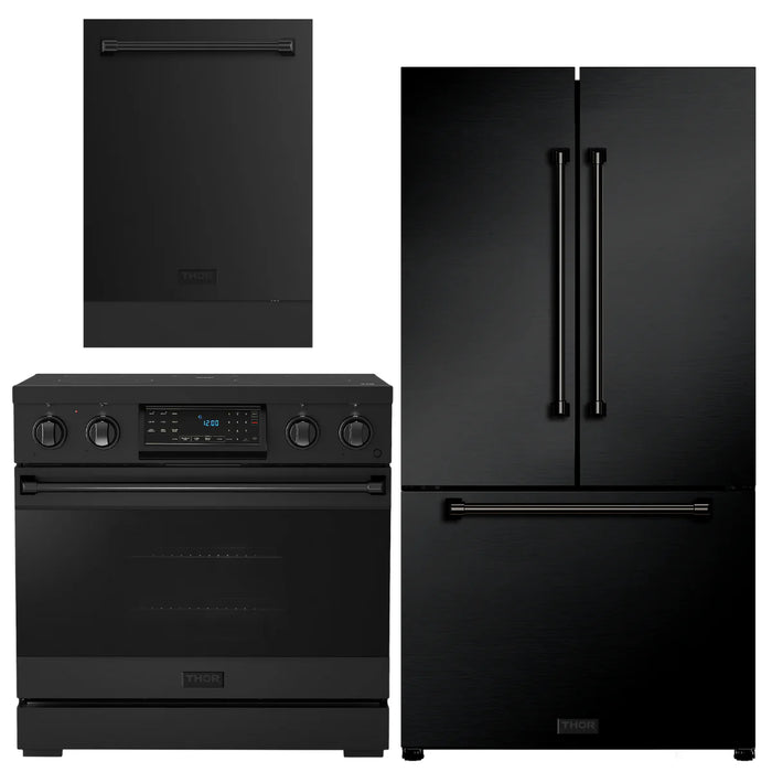Gordon Ramsay by THOR Kitchen Package - 36" Electric Range, 36" Refrigerator with Ice Maker and Dishwasher in Black Matte with Black Accents, AP-RSE36B-2