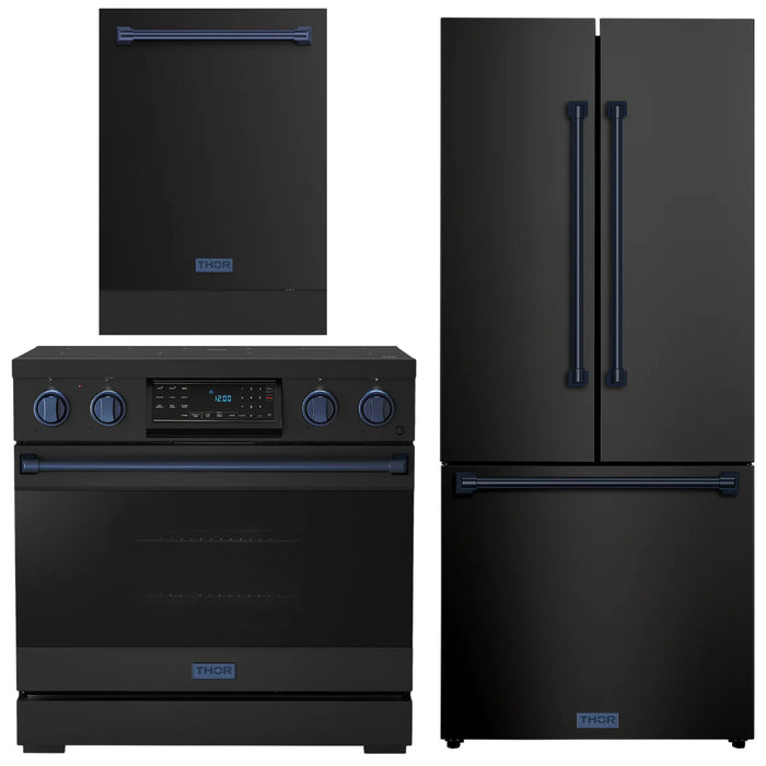 Gordon Ramsay by THOR Kitchen Package - 36" Electric Range, 30" Refrigerator with Ice Maker and Dishwasher in Black Matte with Navy Blue Accents, AP-RSE36B-BLU-1