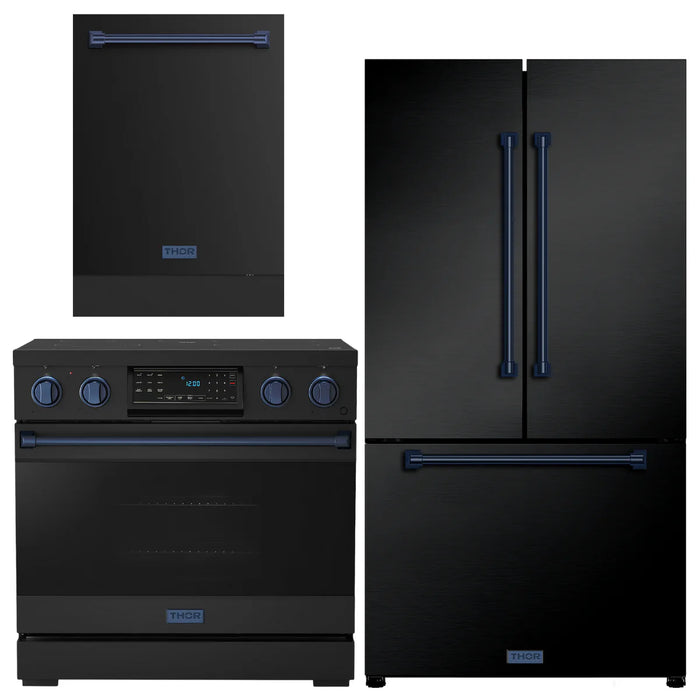 Gordon Ramsay by THOR Kitchen Package - 36" Electric Range, 36" Refrigerator with Ice Maker and Dishwasher in Black Matte with Navy Blue Accents, AP-RSE36B-BLU-2