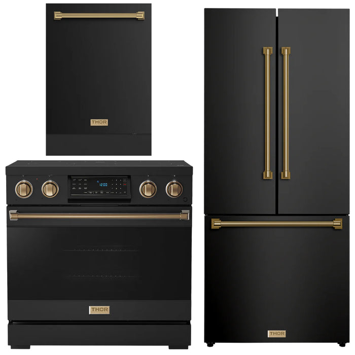 Gordon Ramsay by THOR Kitchen Package - 36" Electric Range, 30" Refrigerator with Ice Maker and Dishwasher in Black Matte with Bronze Accents, AP-RSE36B-BRZ-1