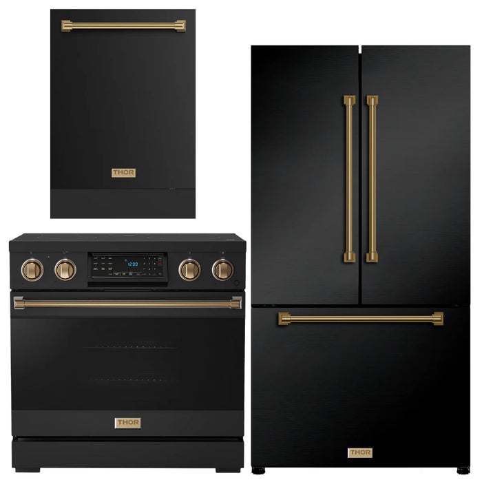 Gordon Ramsay by THOR Kitchen Package - 36" Electric Range, 36" Refrigerator with Ice Maker and Dishwasher in Black Matte with Bronze Accents, AP-RSE36B-BRZ-2
