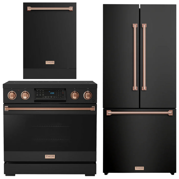 Gordon Ramsay by THOR Kitchen Package - 36" Electric Range, 30" Refrigerator with Ice Maker and Dishwasher in Black Matte with Rose Gold Accents, AP-RSE36B-RSG-1