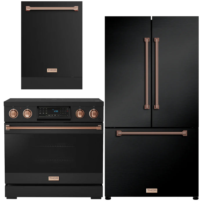 Gordon Ramsay by THOR Kitchen Package - 36" Electric Range, 36" Refrigerator with Ice Maker and Dishwasher in Black Matte with Rose Gold Accents, AP-RSE36B-RSG-2