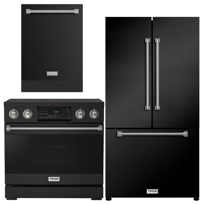 Gordon Ramsay by THOR Kitchen Package - 36" Electric Range, 36" Refrigerator with Ice Maker and Dishwasher in Black Matte with Stainless Steel Accents, AP-RSE36B-SS-2