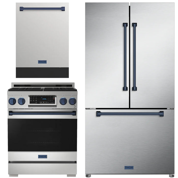 Gordon Ramsay by THOR Kitchen Package - 30" Gas Range, 36" Refrigerator with Ice Maker and Dishwasher in Stainless Steel with Navy Blue Accents, AP-RSG30-BLU-2