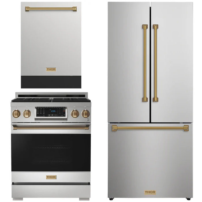 Gordon Ramsay by THOR Kitchen Package - 30" Gas Range, 30" Refrigerator with Ice Maker and Dishwasher in Stainless Steel with Bronze Accents, AP-RSG30-BRZ-1