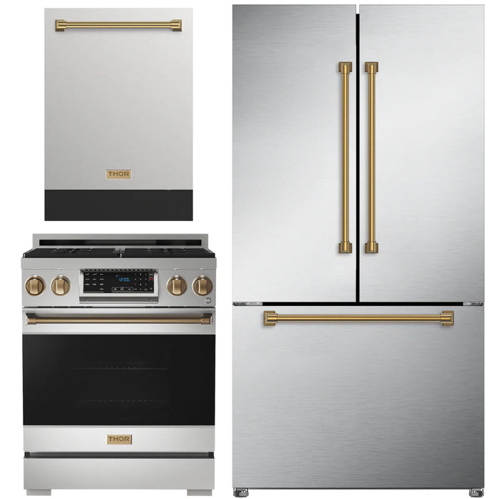 Gordon Ramsay by THOR Kitchen Package - 30" Gas Range, 36" Refrigerator with Ice Maker and Dishwasher in Stainless Steel with Bronze Accents, AP-RSG30-BRZ-2