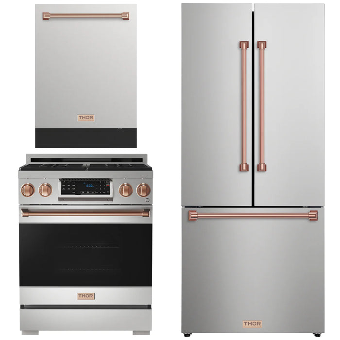 Gordon Ramsay by THOR Kitchen Package - 30" Gas Range, 30" Refrigerator with Ice Maker and Dishwasher in Stainless Steel with Rose Gold Accents, AP-RSG30-RSG-1