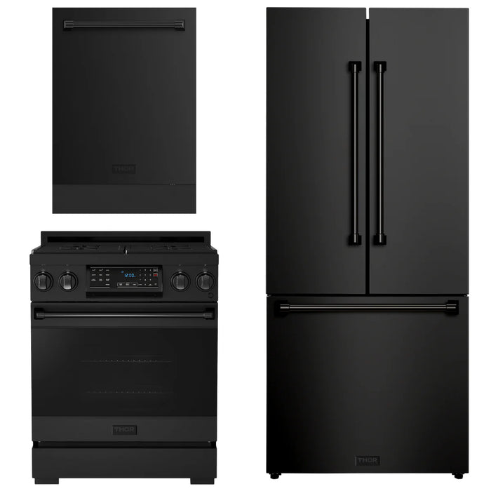 Gordon Ramsay by THOR Kitchen Package - 30" Gas Range, 30" Refrigerator with Ice Maker and Dishwasher in Black Matte with Black Accents, AP-RSG30B-1