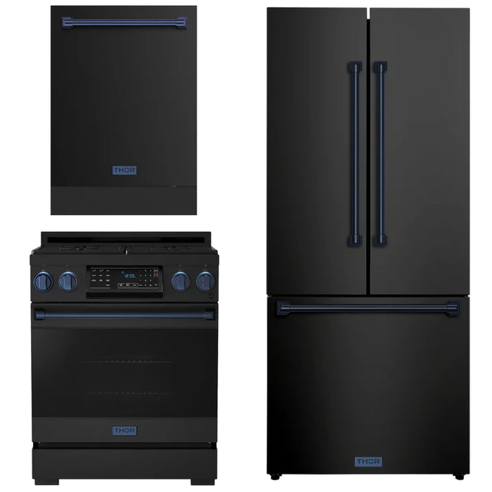 Gordon Ramsay by THOR Kitchen Package - 30" Gas Range, 30" Refrigerator with Ice Maker and Dishwasher in Black Matte with Navy Blue Accents, AP-RSG30B-BLU-1