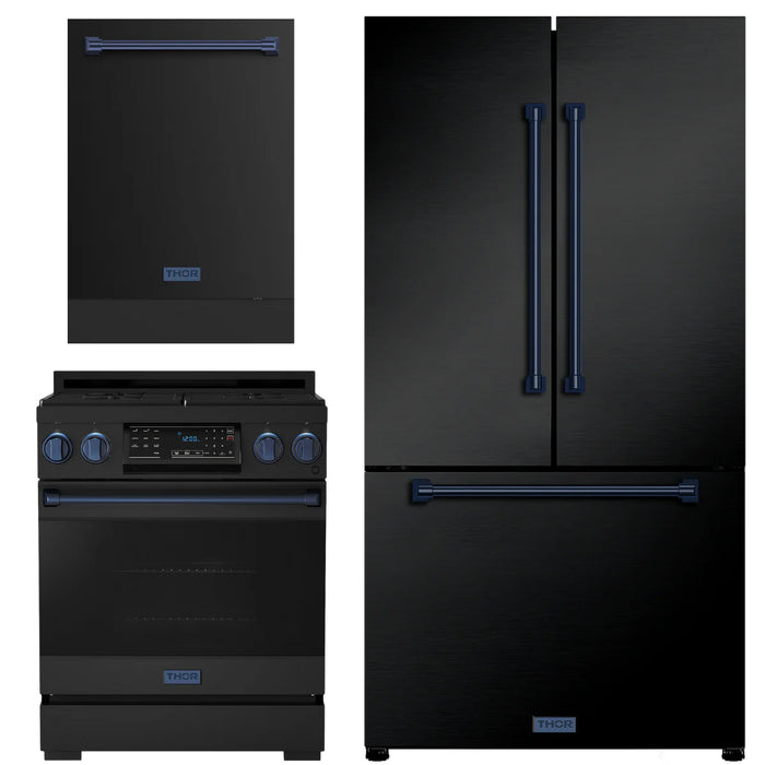 Gordon Ramsay by THOR Kitchen Package - 30" Gas Range, 36" Refrigerator with Ice Maker and Dishwasher in Black Matte with Navy Blue Accents, AP-RSG30B-BLU-2