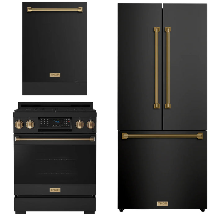 Gordon Ramsay by THOR Kitchen Package - 30" Gas Range, 30" Refrigerator with Ice Maker and Dishwasher in Black Matte with Bronze Accents, AP-RSG30B-BRZ-1