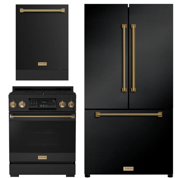 Gordon Ramsay by THOR Kitchen Package - 30" Gas Range, 36" Refrigerator with Ice Maker and Dishwasher in Black Matte with Bronze Accents, AP-RSG30B-BRZ-2