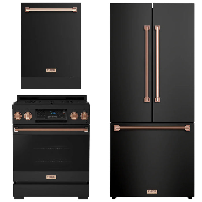Gordon Ramsay by THOR Kitchen Package - 30" Gas Range, 30" Refrigerator with Ice Maker and Dishwasher in Black Matte with Rose Gold Accents, AP-RSG30B-RSG-1
