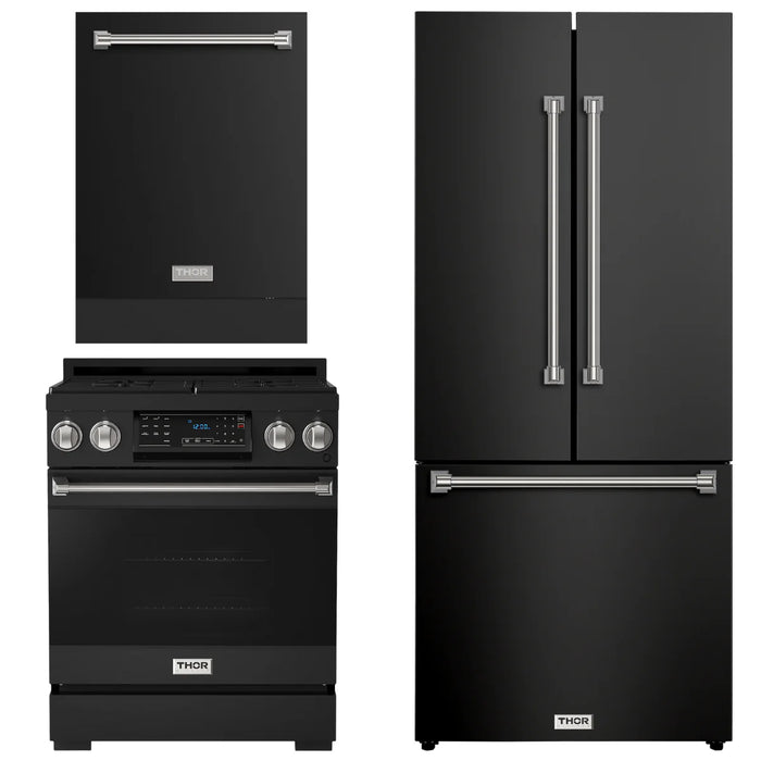 Gordon Ramsay by THOR Kitchen Package - 30" Gas Range, 30" Refrigerator with Ice Maker and Dishwasher in Black Matte with Stainless Steel Accents, AP-RSG30B-SS-1