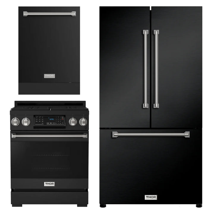 Gordon Ramsay by THOR Kitchen Package - 30" Gas Range, 36" Refrigerator with Ice Maker and Dishwasher in Black Matte with Stainless Steel Accents, AP-RSG30B-SS-2