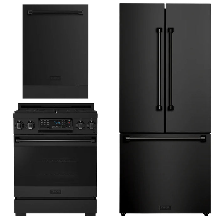 Gordon Ramsay by THOR Kitchen Package - 30" Gas Range, 30" Refrigerator with Ice Maker and Dishwasher in Black Matte with Black Accents, AP-RSG30BLP-1