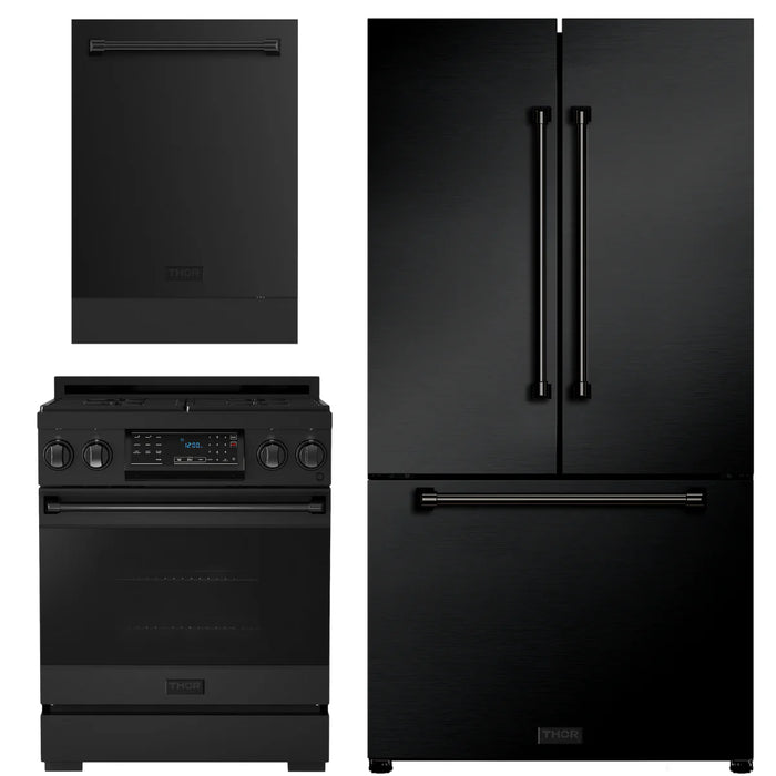 Gordon Ramsay by THOR Kitchen Package - 30" Gas Range, 36" Refrigerator with Ice Maker and Dishwasher in Black Matte with Black Accents, AP-RSG30BLP-2