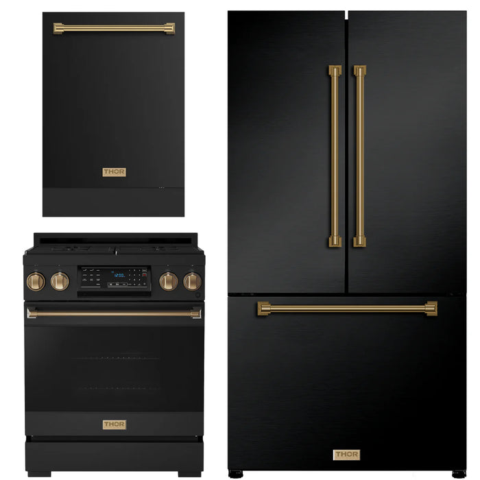 Gordon Ramsay by THOR Kitchen Package - 30" Gas Range, 36" Refrigerator with Ice Maker and Dishwasher in Black Matte with Bronze Accents, AP-RSG30BLP-BRZ-2