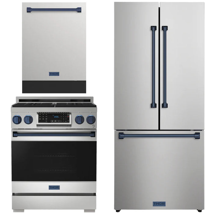 Gordon Ramsay by THOR Kitchen Package - 30" Gas Range, 30" Refrigerator with Ice Maker and Dishwasher in Stainless Steel with Navy Blue Accents, AP-RSG30LP-BLU-1