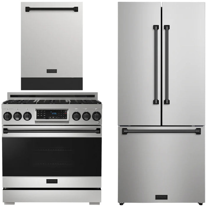 Gordon Ramsay by THOR Kitchen Package - 36" Gas Range, 30" Refrigerator with Ice Maker and Dishwasher in Stainless Steel with Black Accents, AP-RSG36-BLK-1