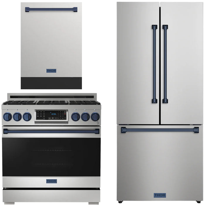 Gordon Ramsay by THOR Kitchen Package - 36" Gas Range, 30" Refrigerator with Ice Maker and Dishwasher in Stainless Steel with Navy Blue Accents, AP-RSG36-BLU-1